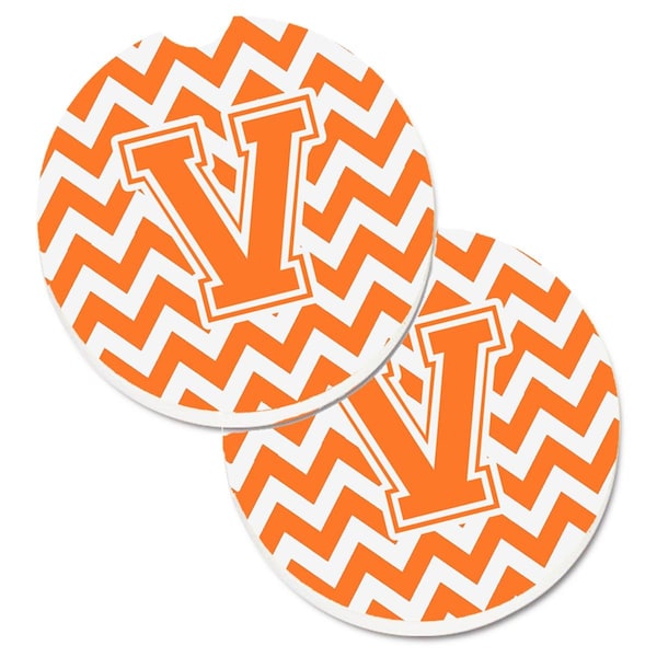 Carolines Treasures Letter V Chevron Orange and White Set of 2 Cup Holder Car Coaster CJ1046-VCARC - main